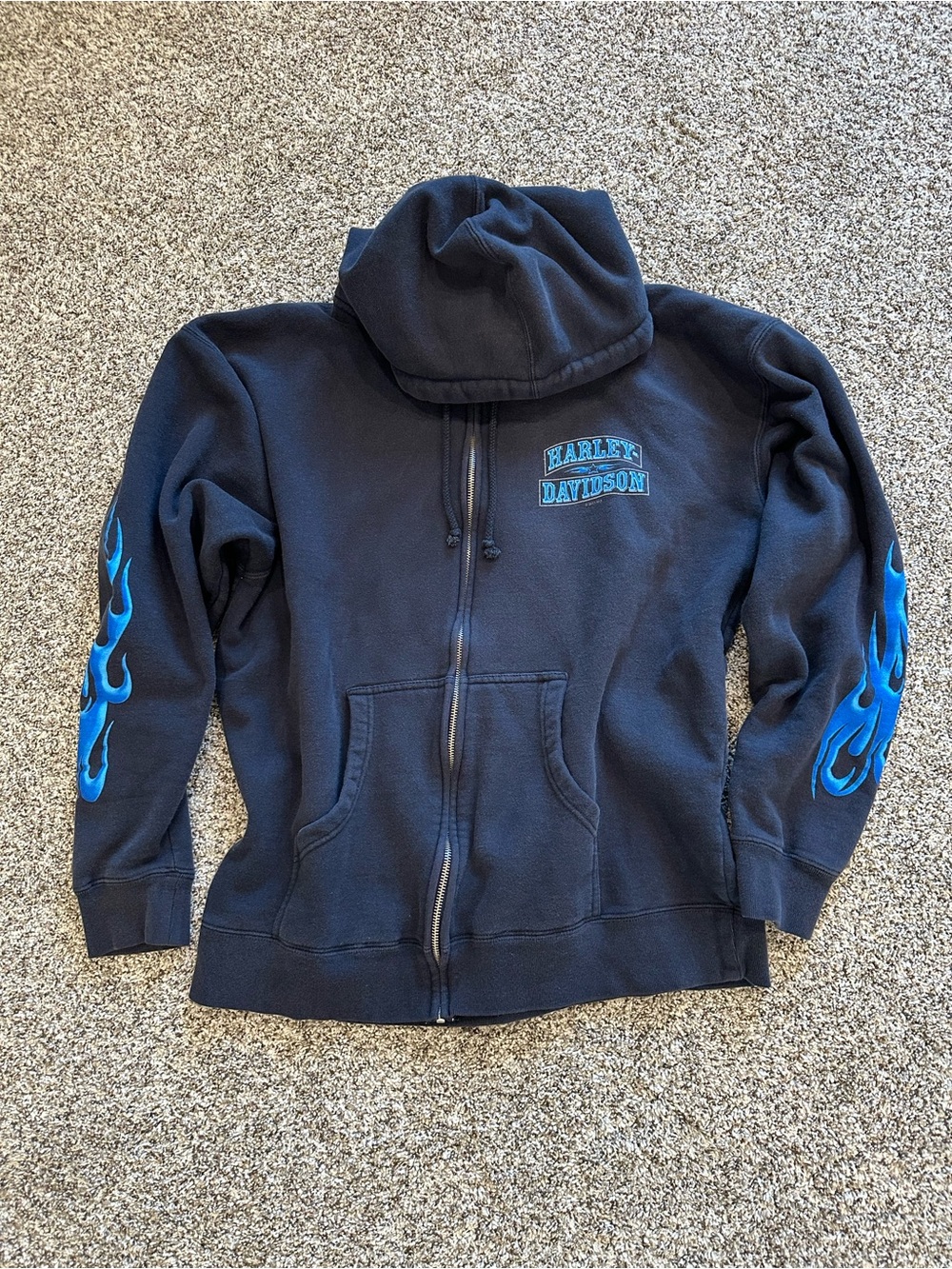 Vintage Harley-Davidson Blue Hoodie with Blue Flame Sleeves